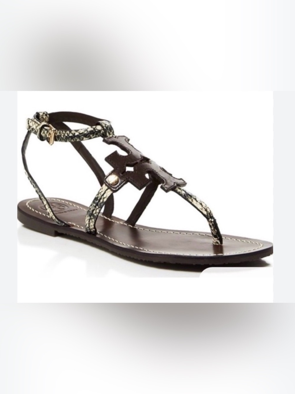 Tory Burch Phoebe Snake Print Leather Thong Sandals Brown Sz 6 T-Strap Gladiator